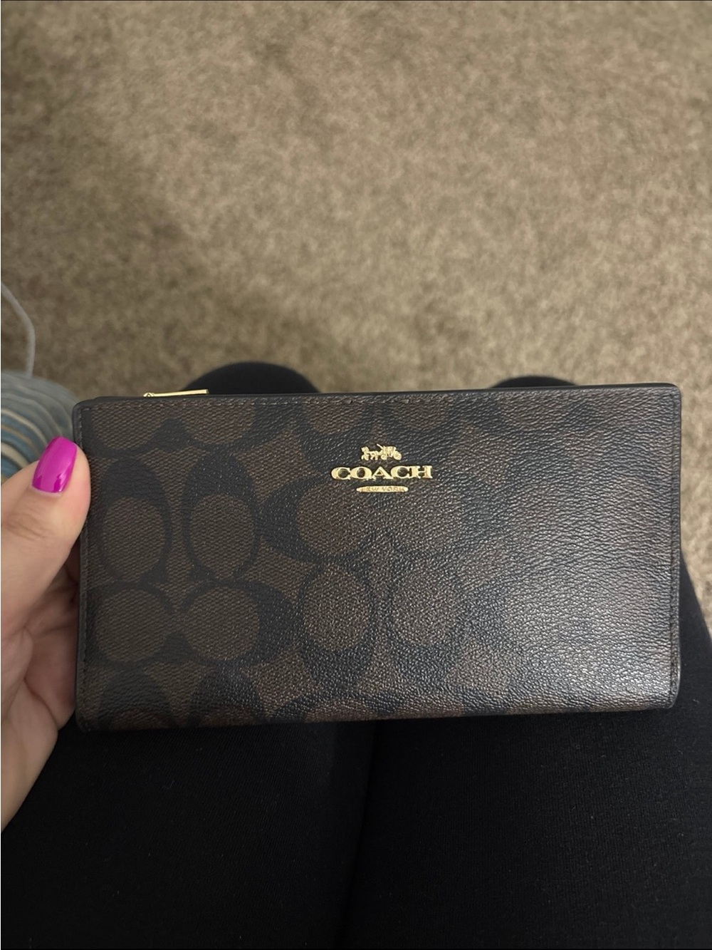 Coach Brown Signature Zip Wallet with Gold Logo